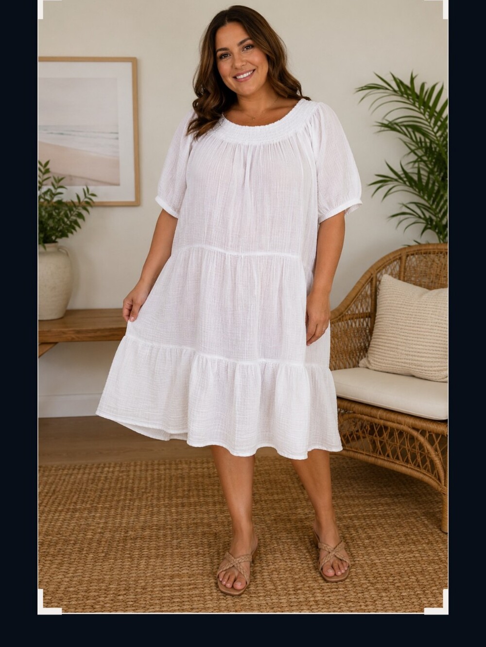 beachlunchlounge White Gauze Midi Tiered Dress